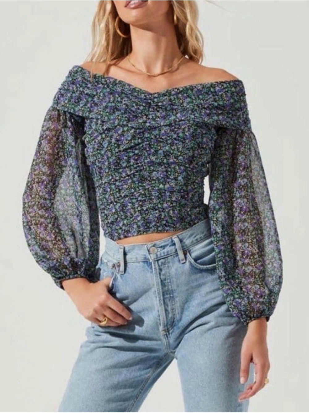 ASTR The Label NWT Purple Green Floral Off Shoulder Top Size Small
